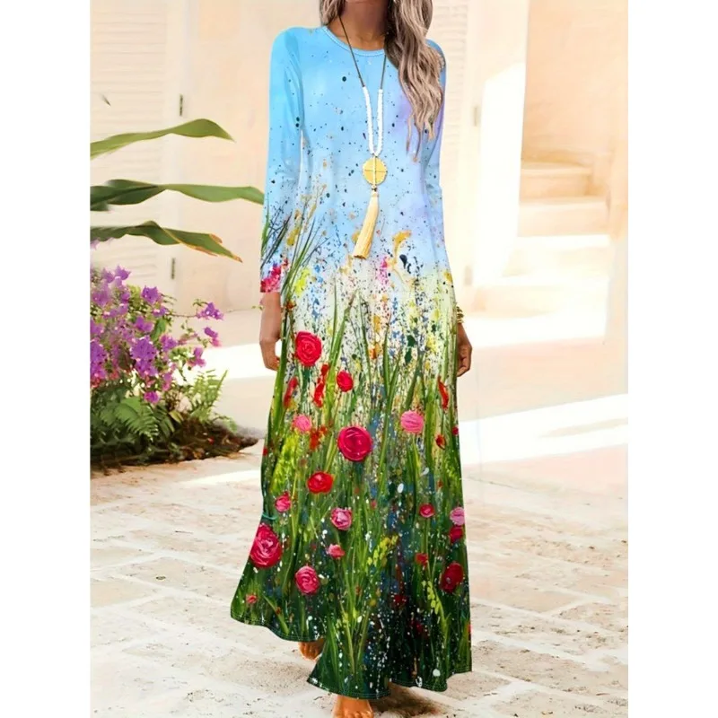 Spring and summer new elegant casual floral print temperament long-sleeved dress fashionable loose ankle round neck dress