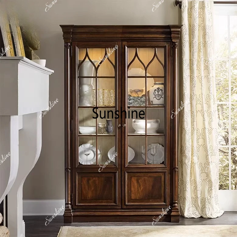

American rural all-solid wood double-door wine cabinet, living room glass door display is simple