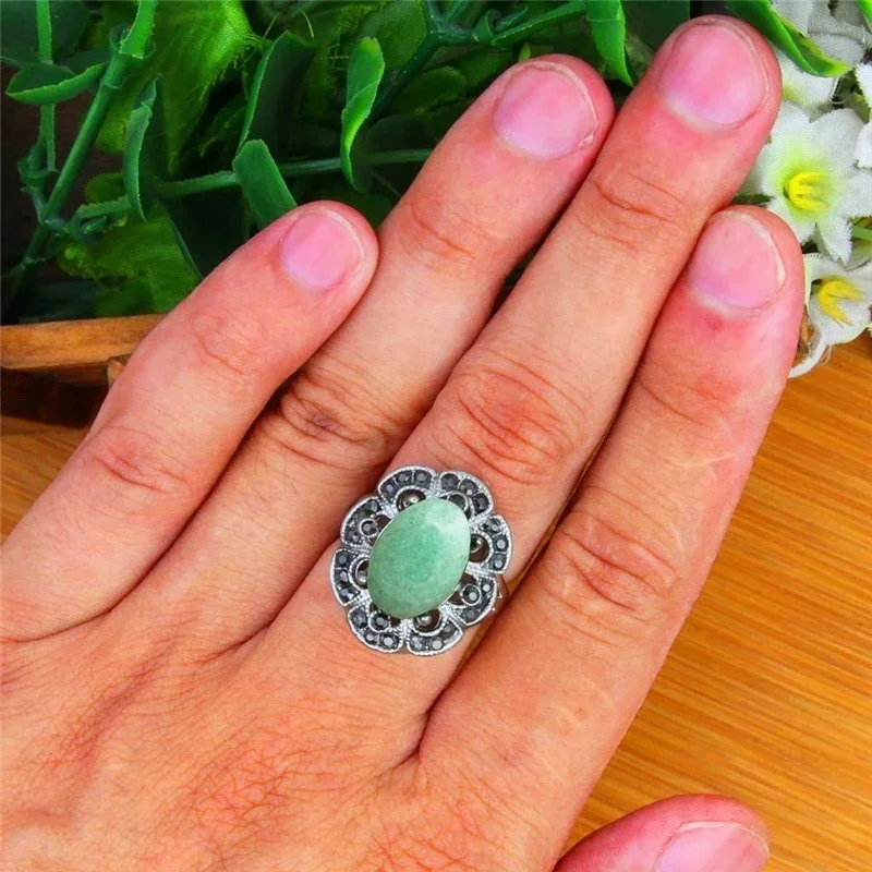 Oval Natural Jades Rings For Women Vintage Look Antique Silver Plated Rhinestone Plum Flower Ring Fashion Jewelry TR693