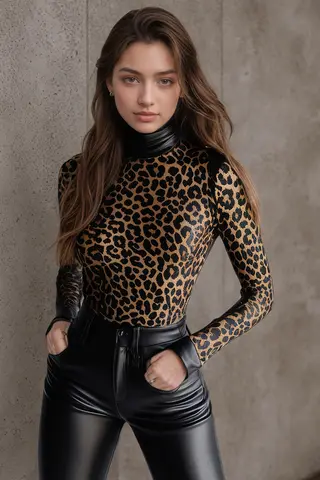 Women Leopard Printed Leather PU Tops Turtleneck Gothic Punk T shirt Long Sleeve Slim Chic Vintage Grunge Casual Tops 2025