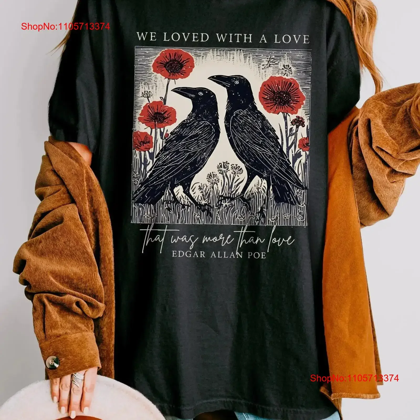 Crow T Shirt Edgar Allan Poe Literature Linocut Bird Librariancore Allen Dark Academia Whimsigoth Cottage Core vintage Washed