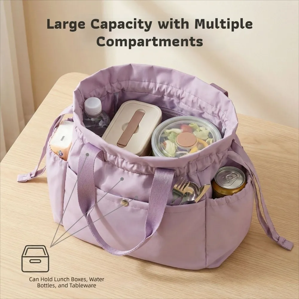 Thickened Drawstring Lunch Box Bag Multi-Pocket Design Hand Carrying Insulated Bag Large Capacity Bundle Mouth