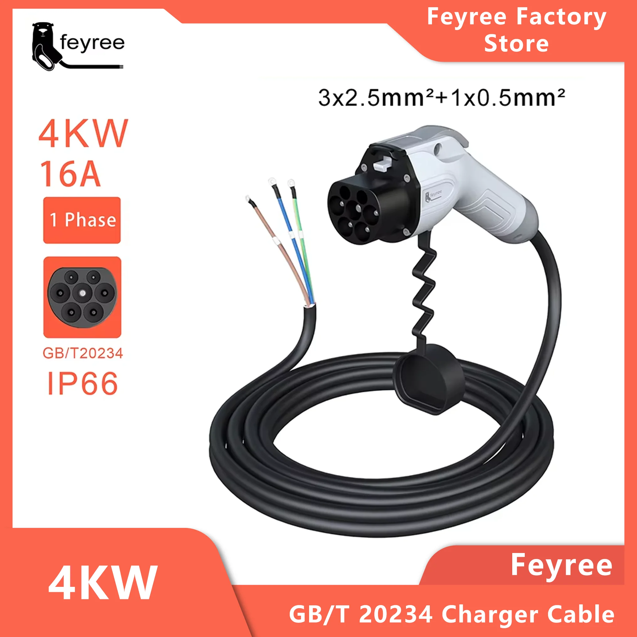 Fey123-Prise de chargeur pour véhicule électrique, câble EV, 3 phases, 32A, 7KW, 16A, 3,5 KW, 1phase, 11KW, 22KW, 5m, GB, T