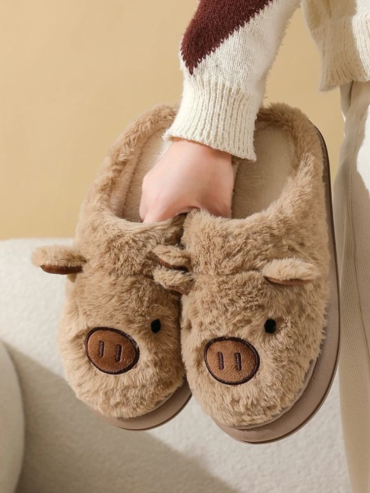New Cute Pig Fuzzy Slippers Women Winter Plush Warm Cotton House Shoes Anti-Slip Soft Thick Sole Indoor Outdoor Cozy Slipper