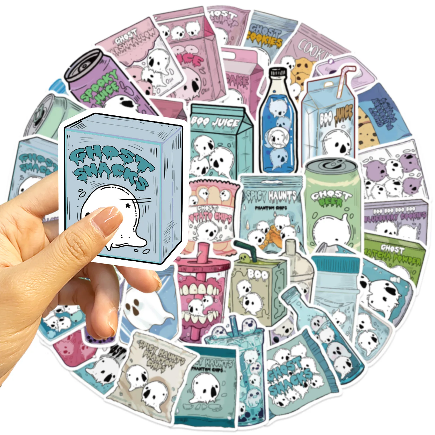 50 قطعة ملصقات شبح ممتعة للهالوين الرجعية شبح الغذاء ملصقات صناعة يدوية سجل القصاصات الأمتعة المتنقلة التزلج ملصقات PVC مقاومة للماء