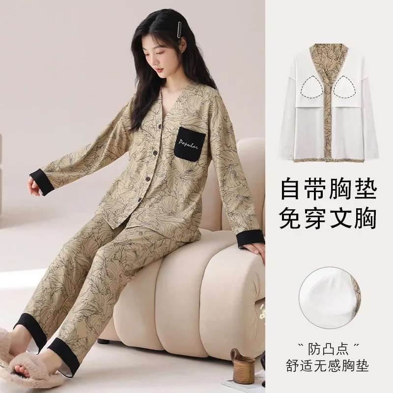 Cotton Pijama with Bra Pad Causal Sleepwear Women V Neck Kimono Home Wear Sweet Spring and Autumn 2024 Loose Cardigan Home Wear