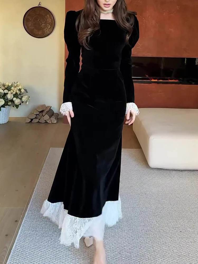 Elegantes Damen-Abschlussballkleid mit quadratischem Kragen, schmale Passform, 2026, neues Frühjahr, Samt-Robenkleid, sexy Spitze, Patchwork, langärmelig, Partykleid