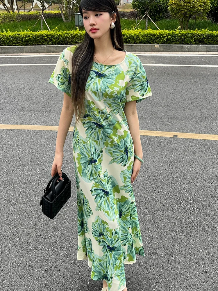 Women Summer Dress Fashion Printing Thin Round Neck Short Sleeved Green Super Fairy Style Simple Bohemian Long Vestidos DS081