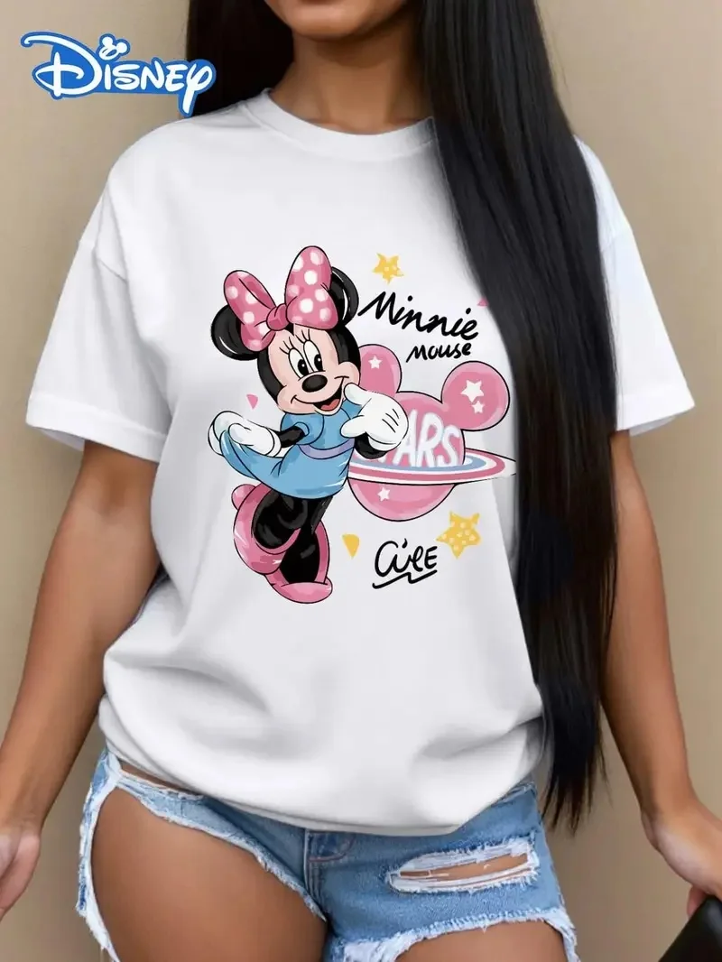

2025 Disney Pattern Printed Women's Casual Comfortable Unique Smiling Face Black Round Neck Short Sleeve T-shirt