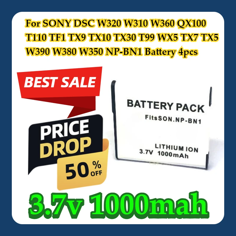 

For SONY DSC W320 W310 W360 QX100 T110 TF1 TX9 TX10 TX30 T99 WX5 TX7 TX5 W390 W380 W350 NP-BN1 Battery 4pcs