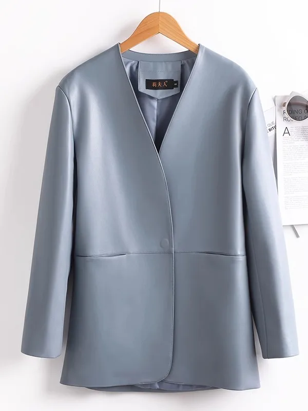 2025 Spring New Women's Medium Length eepskin Leather Jaet Bla Coat Outerwear Sli Commute Sle Slim Fit Leather