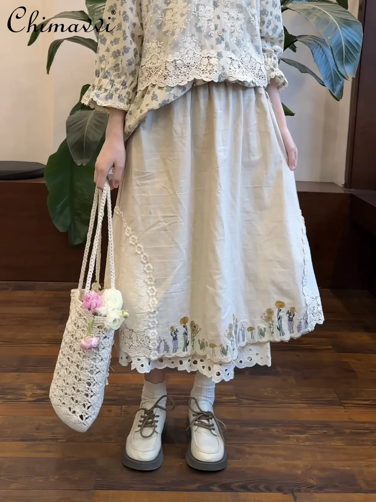 Sweet Retro Linen Embroidery Solid Color Skirt 2024 Autumn Clothes New Fashion Loose Literary Elegant Mid-length Skirts Women