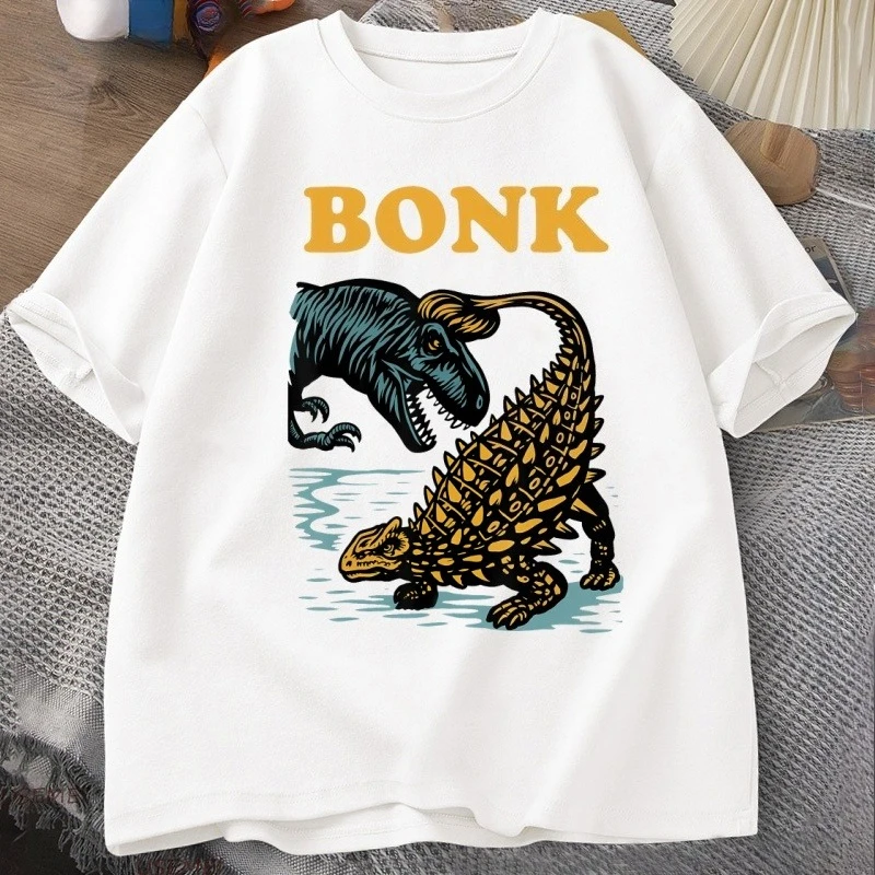 Lustige Dinosaurier-Bonk-Grafik-T-Shirts, lässiges Baumwoll-T-Shirt mit kurzen Ärmeln und Rundhalsausschnitt, Streetwear, Rundhalsausschnitt, Vintage-T-Shirt