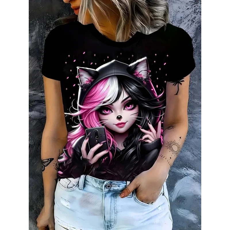 

Plus Size Fashion Black Anime 3D Print Women T-Shirts Little Girl Graphic Crew Neck Short Sleeve Top Harajuku Woman Clothes