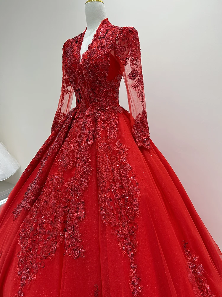 2023 New Chinese Long Sleeve Wedding Dress Red Vintage V-neck Lace Applique Bridal Dress Vestido De Noiva Plus Size Made Custom