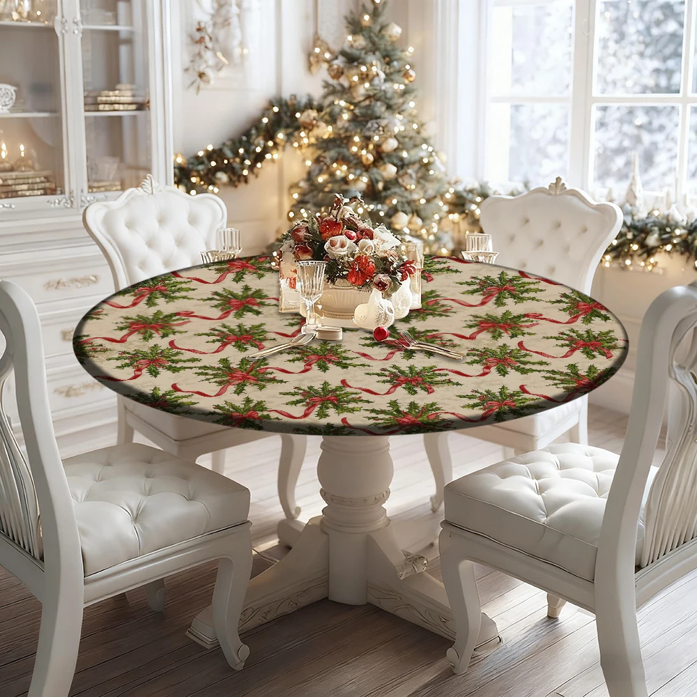 

Holly and Red Ribbon Pattern Christmas Decor Elastic Tablecloth, Polyester Material, Suitable for New Year Family Gatherings