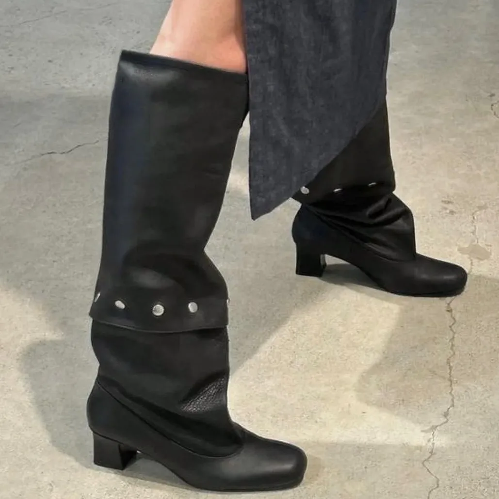 

Chic Leather Slouchy Knee-High Women's Boots Minimalist Stud Decor Boots Elegant Evening & Work Occasion Footwear