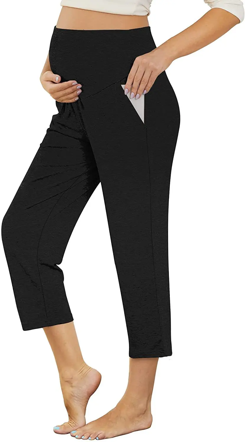 Barriga de cintura alta feminina grávida Gravidez Capris, Calças de maternidade, verão cônico, calça reta cortada, 7, 10 Comprimento