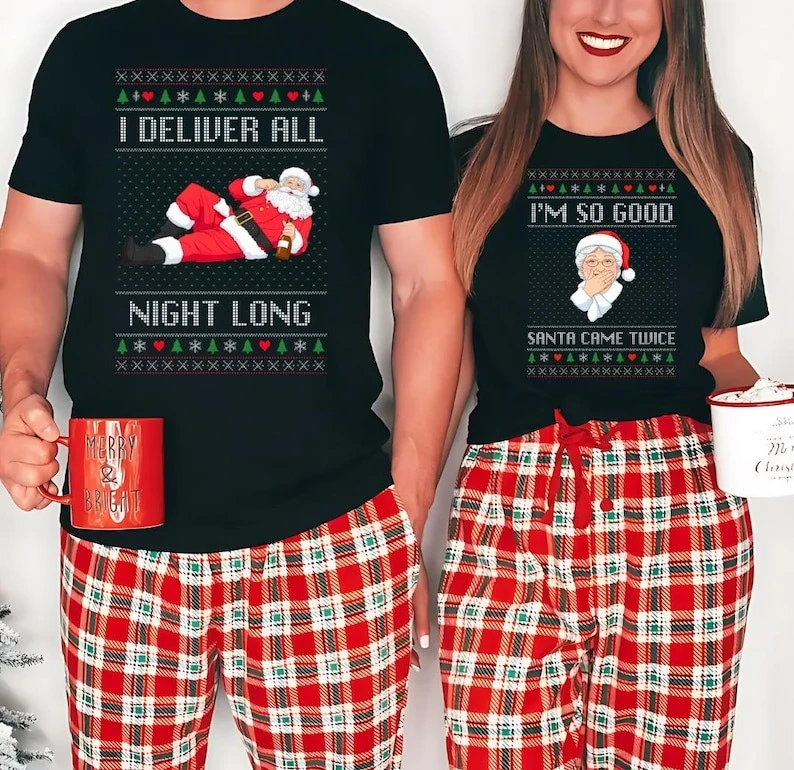 Funny Couples Christmas Pajamas Holiday Xmas Party Tee Newlywed Shirts Matching Adult Gift printed T-shirt tops All-match
