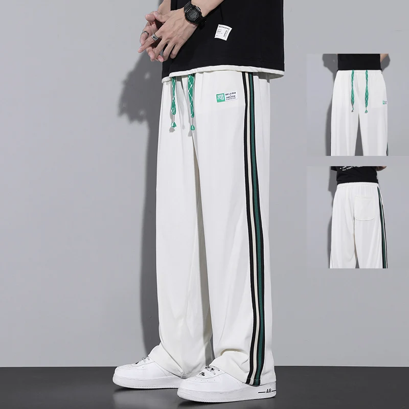 Korean Men White Wide Leg Pants Casual Male Striped High Waist Hiphop Sweatpants Elastic Waist Loose Straight Pants Plus Size