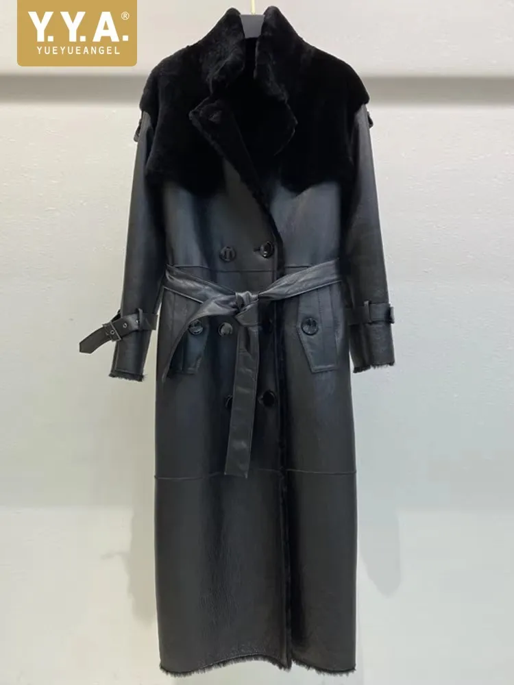 

Роскошное женское длинное пальто из натуральной кожи, новое зимнее теплое шерстяное пальто, элегантное офисное пальто для женщин, с длинными рукавами, двубортное, верхняя одежда, размер 2XL