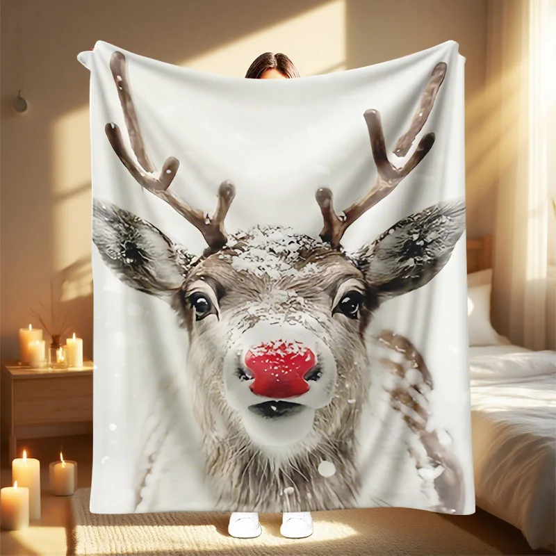 1pc 2025 New Blanket - Ruffled Red Nose Reindeer Design, Soft & Cozy All-Season Throw for Sofa, Bed, Car, Office, Camping, Trave