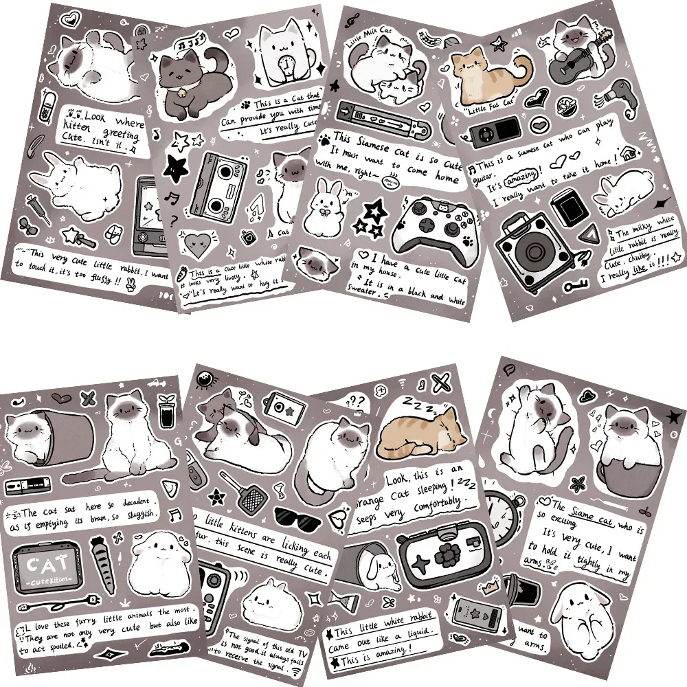 8pcs A Set Cat’s Observation Diary Goo Card Sticker DIY Handbook Phone Case Decoration Ins