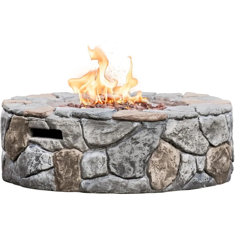 Outdoor Round Propane Gas Smokeless Fire Pit with Sturdy Faux Stacked Stone Base Quick Ignition and Weather-Resistant PVC Cover