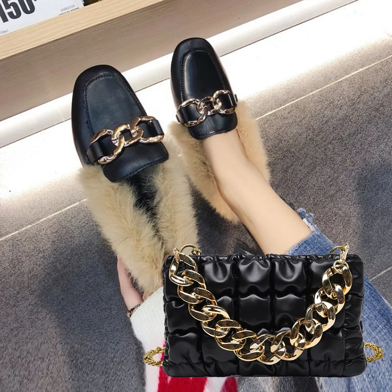 New Chain Mueller Shoes Plus Velvet Warm Women Slippers Winter Wear Cotton Shoes Women's Shoes Fashion Chain Shoulder Bag Set