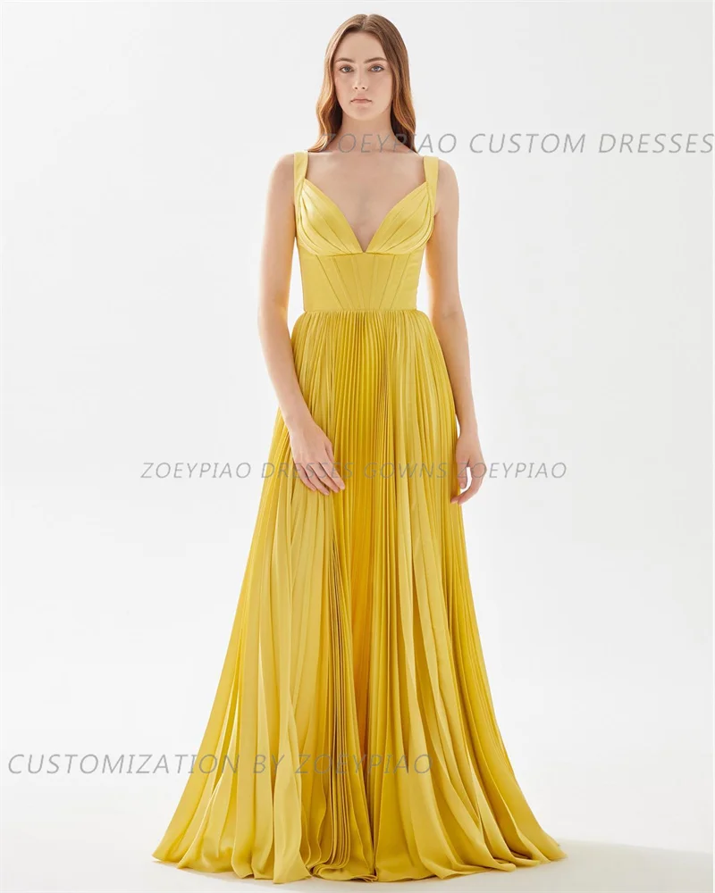 Elegante vestido de noite plissado com decote em v feminino, Vestidos de Festa, Linha A, Plissado, sem mangas, Formatura, Evento, Formatura, Azul, Laranja, 2022