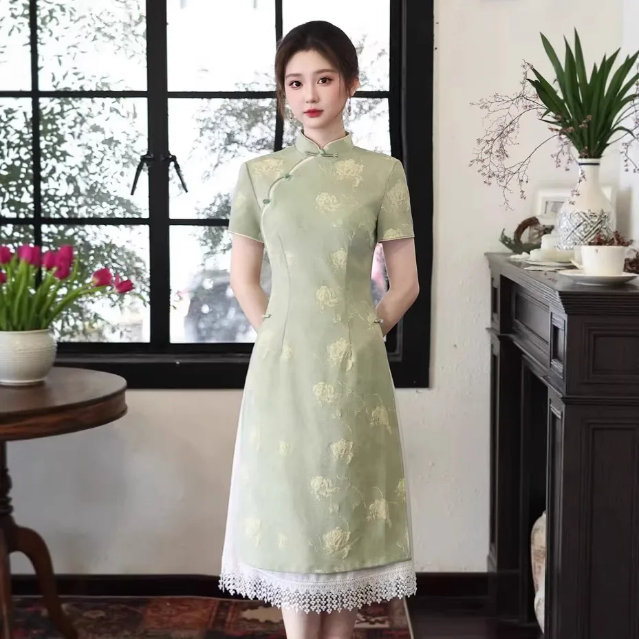 Yourqipao Summer Long Double-layer Green Printed Ao Dai Cheongsam Elegant Retro Qipao Chinese Style Evening Dress for Women