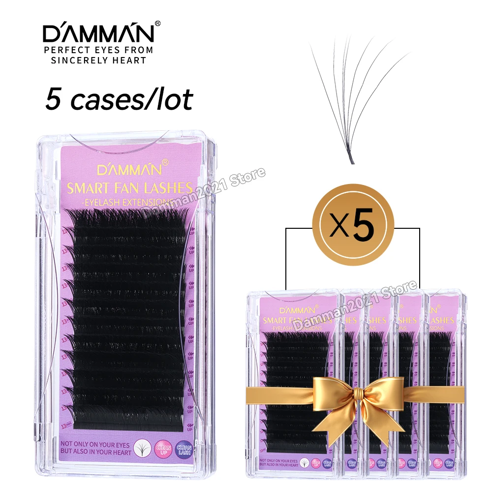 Damman 5 Boxes 12 Rows Easy Fan Eyelash Extensions 8-16mm Auto Fan Eyelash 0.05 C/D Curve Easy Blooming Lashes Wholesale