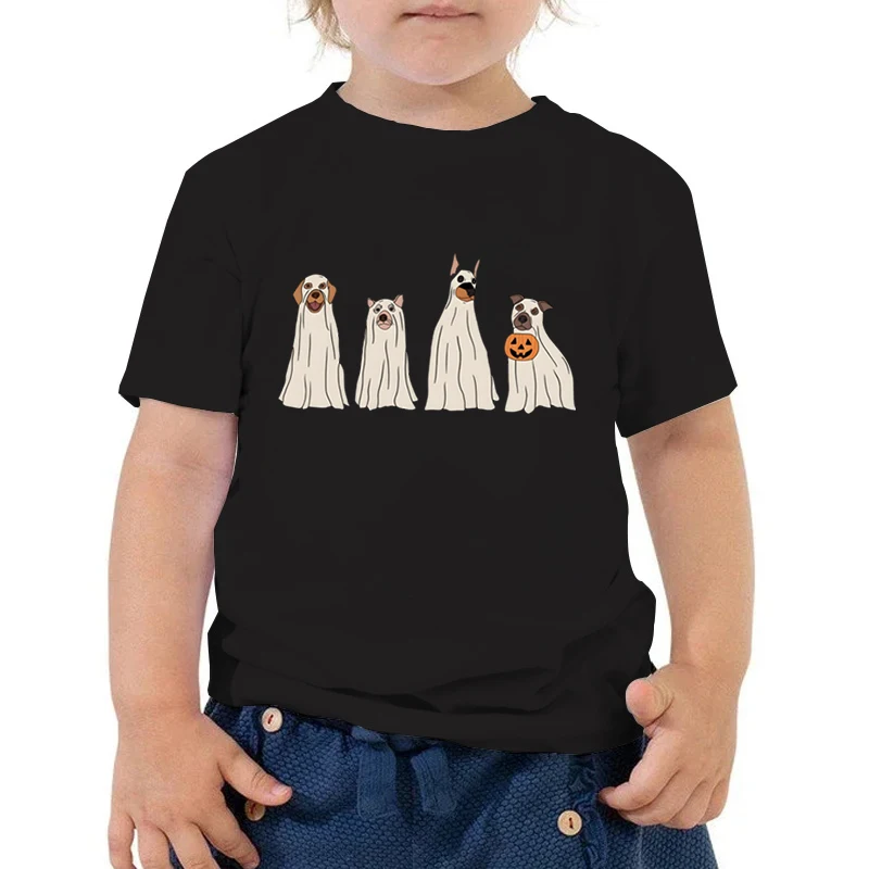 Happy Halloween Ghost Dog Tshirt Kids Retro Spooky Season T-shirts Short Sleeve Round Neck Streetwear Boys Girls Cartoon Tshirt