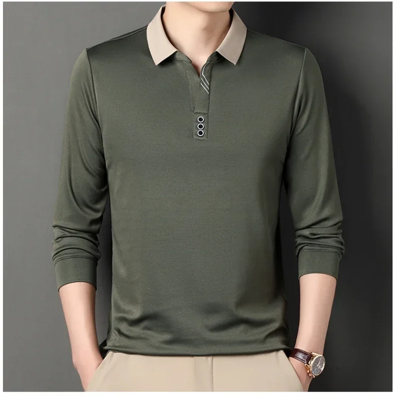 2025 Waffle Men's Long Sleeve T-shirt Spring Lapel Business Casual Polo Shirt Elastic Base Shirt Top New Men Clothes