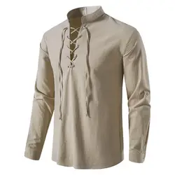 Vintage V Neck Long Sleeve T Shirt For Men Casual Blouse Cotton Linen Shirt Top Vintage Yoga Shirts Medieval Viking Men T-shirt