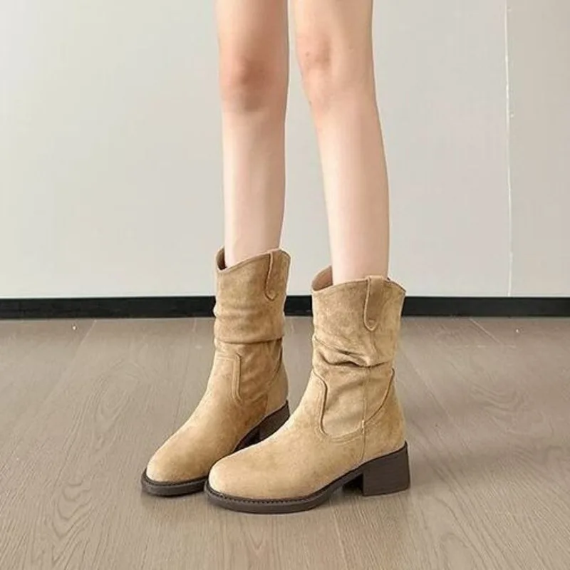 

Short Boots Women's Thick Heel Mid Leg Stacked Boots New Autumn Maillard Western Cowboy Boots