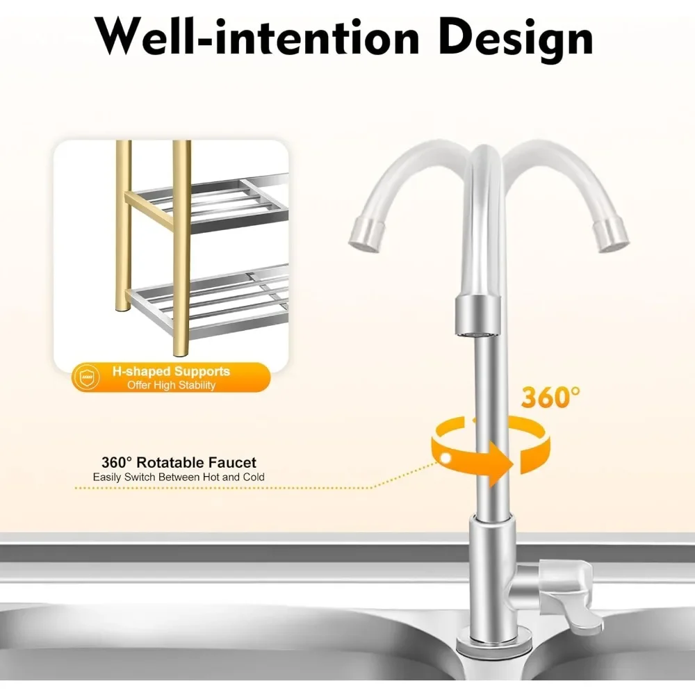 

Stainless Steel Kitchen Sink,2 Basins,3-Layer Freestanding Sink,Stainless Steel Kitchen Sink with Faucet,Commercial Kitchen Sink