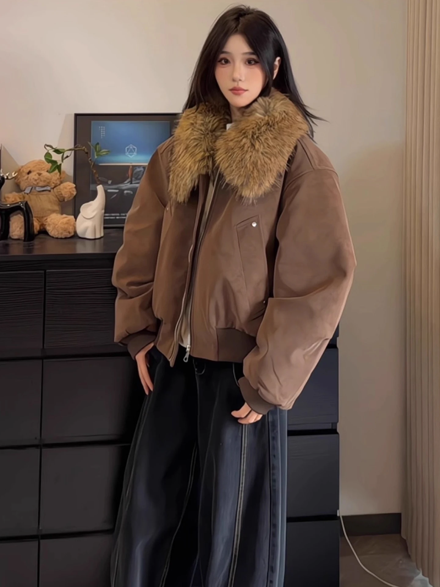 

American High Street Tie Dye Detachable Fur Collar Jaet Cotton Clothes Men Women Winter High End Cool Thi Warm Cotton Coat