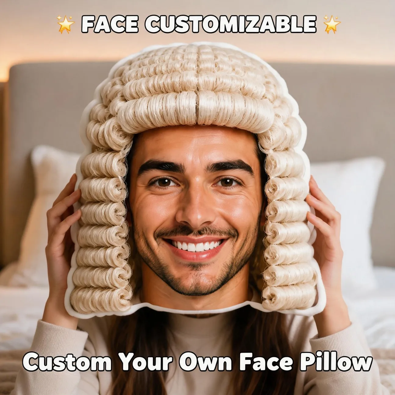 Custom Face-Shaped Pillow, Smiling Man in Judge Wig Personalized Photo Decorative Cushion, Unique Home Decor Accent for Sofa & B