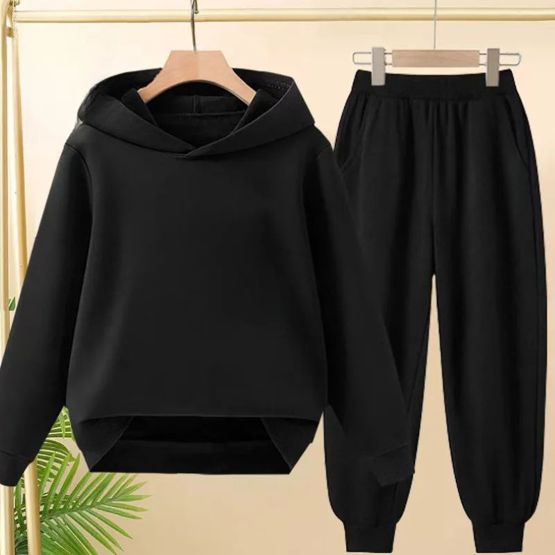 

Kids 3-12Yrs Solid Color Pullover Hoodie Boys Girls Black Blue Yellow White Red Grey Coat Sweatshirt+ Pants 2P Casual Sports Set