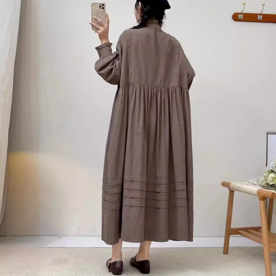 [Gotowy towar] Wysokiej jakości damska bluzka/koszula ze 100% bawełny, koronkowa stójka, długi rękaw, bawełniana, miękka, wygodna długa sukienka