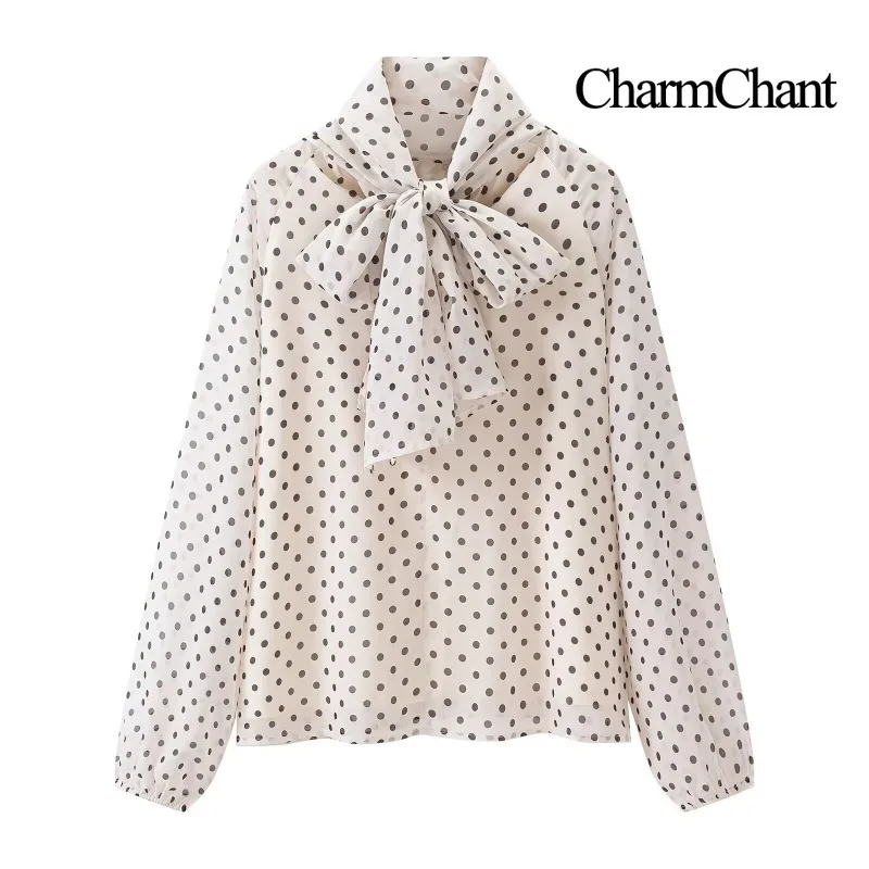 

Женская блузка CHARMCHANT в горошек с бантом, с высоким воротником, длинными рукавами-фонариками, шифоновая рубашка, элегантный офисный топ, весна 2026