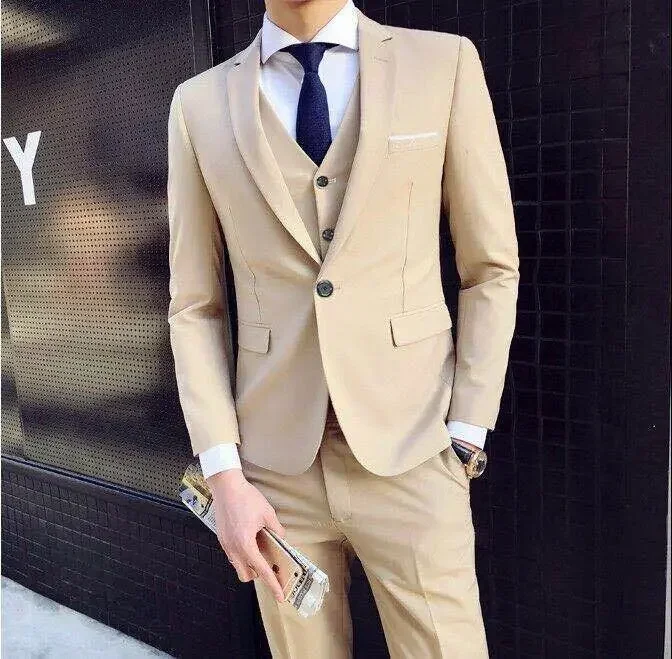 

Spring Autumn Men's Solid Color Casual Business Korean Slim 3 Pieces of Suit Sets Wedding Suit Blazers Pants Waistcoat Male