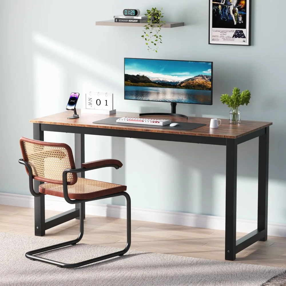 Decoholic 55 Inch Computer Desk, Home & Office PC Laptop Study Writing Table Workstation with Leg Bars, Modern Simple