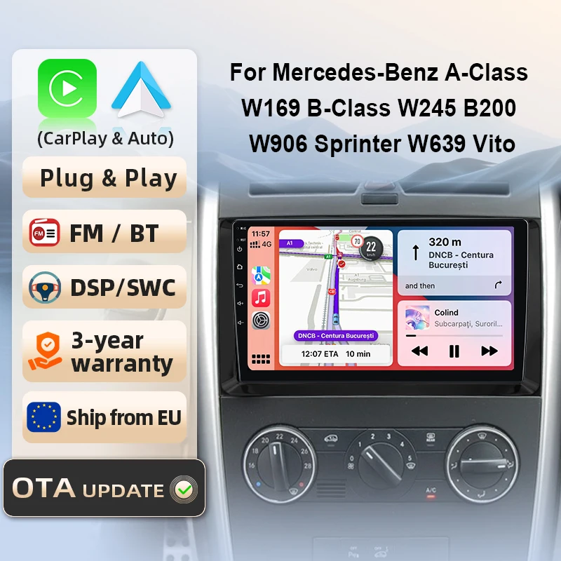 Autoradio sans fil CarPlay Android Auto pour Mercedes Benz B200 Class Sprinter W906 Viano Vito W639, écran tactile IPS, DSP, navigation GPS, WiFi, DAB+, RDS, FM/RAM, BT, SWC, Plug and Play, lecteur multimédia 8 cœurs.