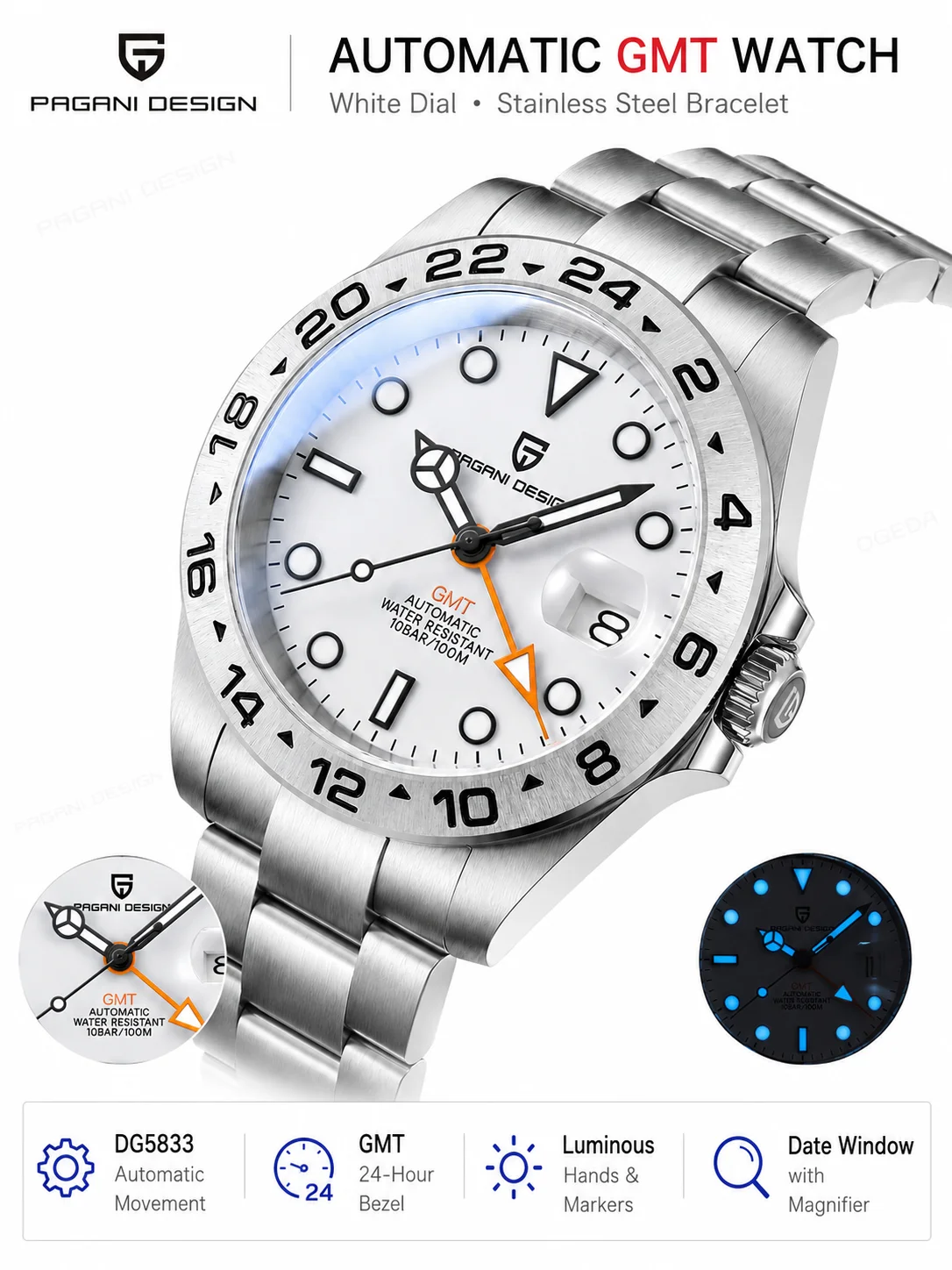 2026 PAGANI Design New Men's Automatic Mechanical Watches GMT Watch 42mm Sapphire Stainless Steel Waterproof Watch Reloj Hombre