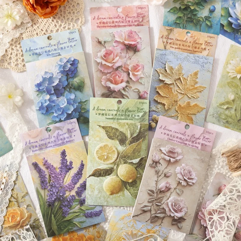 10Pcs Retro Relief Flower Stickers Student Magazine Collage DIY Supplies Aesthetic Flower Craft Decoration Stickers