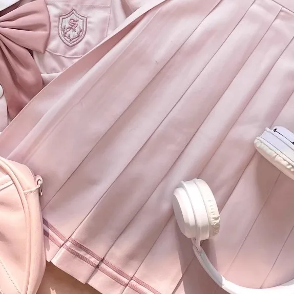 2025 Summer New Sweet JK Sailor Uniform Japanese College Long Short Sleeve Cute Bow Top Elegant A-line Pink Short Pleated Skirt