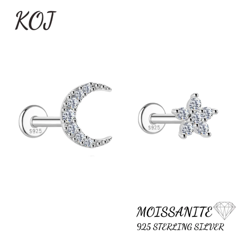 KOJ 1PC 925 Sterling Silver Moissanite Stud Earring Star Moon Eye Marquise Rectangle Dangle Design For Women Party Gift