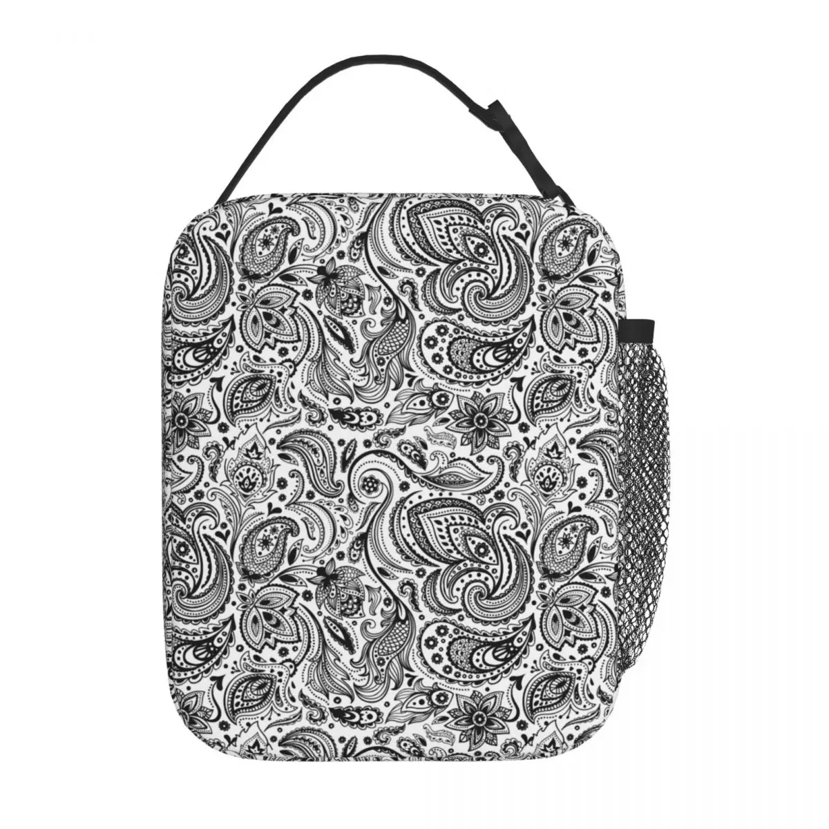 Floral Paisley Lunch Bag For Child Black White Print Lunch Box Outdoor Picnic Cooler Bag Portable Oxford Thermal Tote Handbags